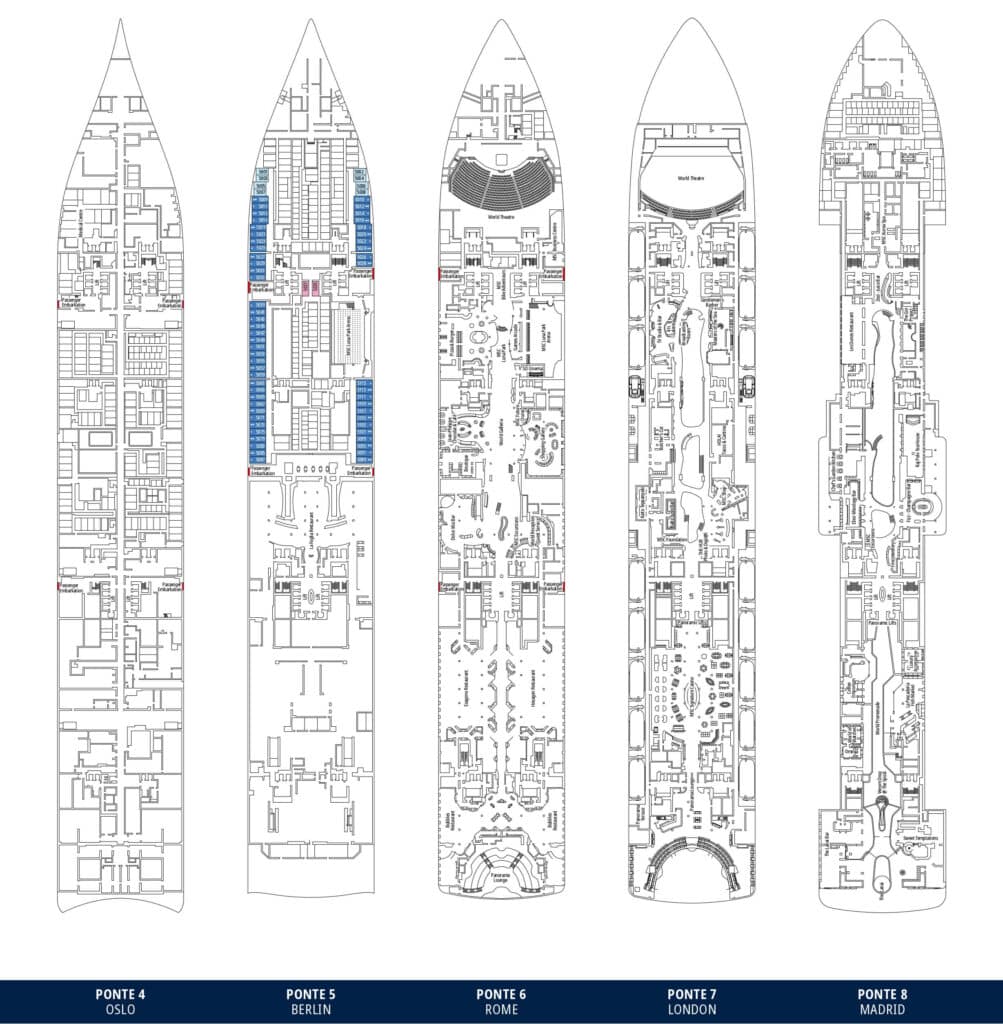 piano nave di MSC World Europa dal ponte 4 al ponte 8