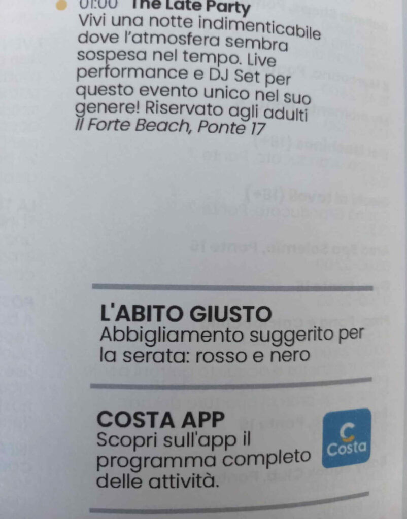 abbigliamento suggerito nel programma del giorno sulle crociere Costa.