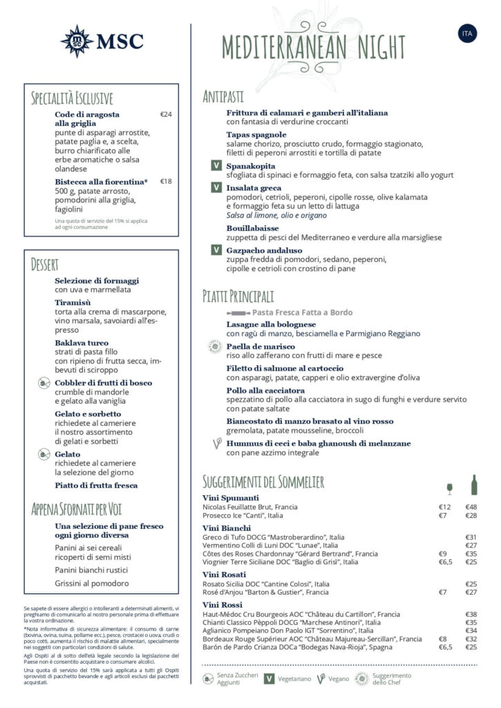 msc menu serata mediterranea