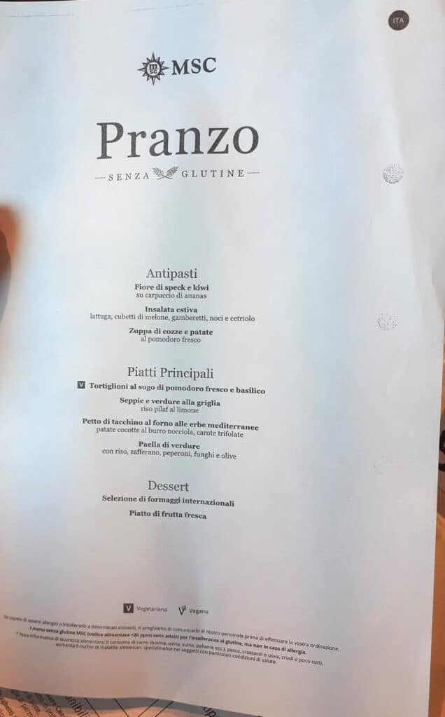 msc menu pranzo senza glutine