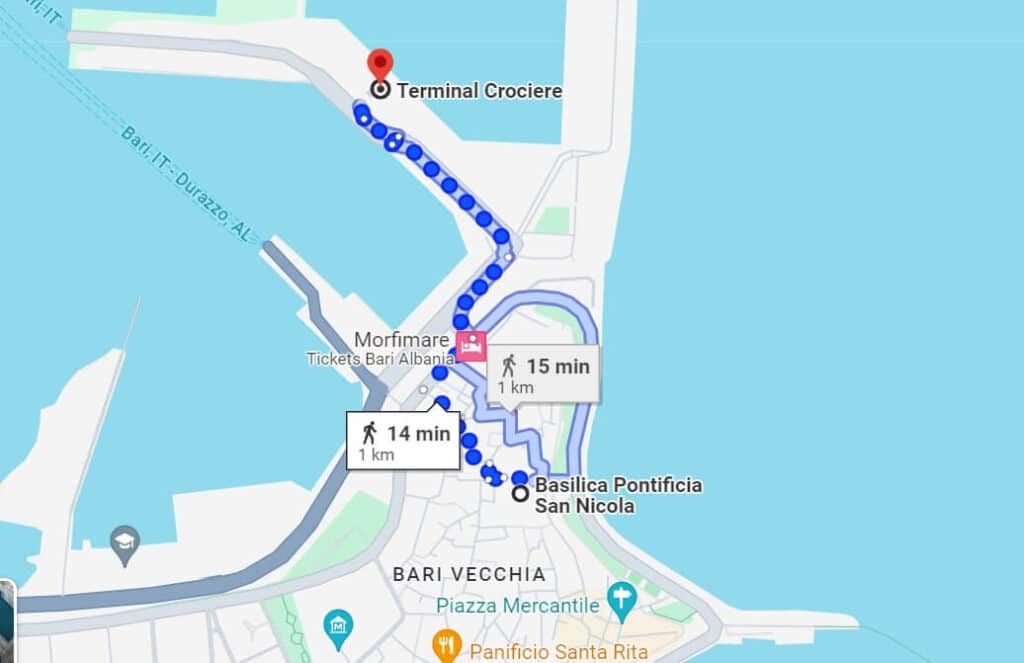 Mappa dal terminal crociere al centro di Bari